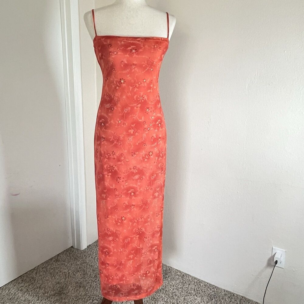 VTG Y2K Glitter Mesh Overlay Maxi Dress Sz S Red Orange Whimsigoth Fairy Grunge